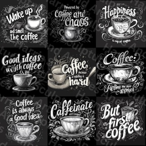 9 Kaffedesignpaket | Skifferunderlägg PNG | Nedladdningsbara lasergraveringsfiler | Koffein | Koffeinat | Presenter till henne | Present till honom