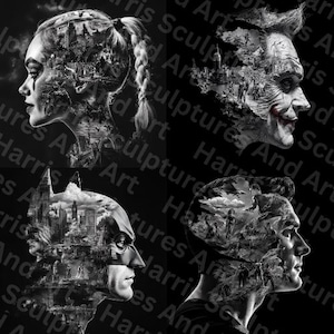 May include: A monochrome artwork presenting four profile portraits. The portraits depict a woman with plaits, a man with a sinister grin, Batman, and a man with a quiff. Each portrait is filled with cityscapes and figures.