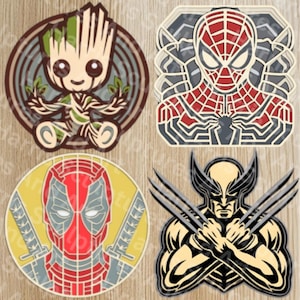 May include: Four colorful superhero character designs. Includes Baby Groot, Spider-Man, Deadpool, and Wolverine. Each design features a unique color palette and intricate details, perfect for fans of comic books and movies.