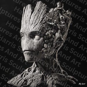 Peut inclure: Une sculpture en niveaux de gris de Groot des Gardiens de la Galaxie, avec une texture détaillée semblable à du bois. La sculpture présente plusieurs personnages intégrés dans la forme de Groot. Le fond porte la mention "Harris Sculptures And Art".