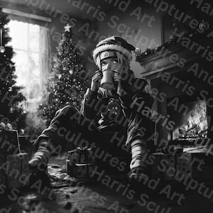 May include: Monochrome illustration of a person wearing a Santa hat, holding a mug, seated before a fireplace and Christmas tree. Presents are placed around the person. The image has a festive holiday theme.