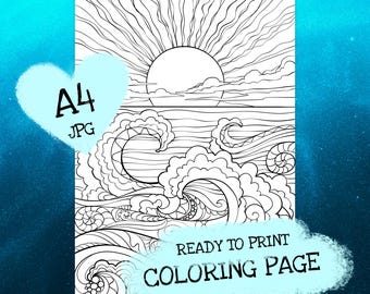 May include: A black and white colouring page featuring a detailed illustration of a sun setting over a wavy ocean. The text "READY TO PRINT COLOURING PAGE" is at the bottom of the page.