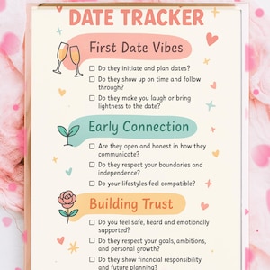 Könnte beinhalten: Ein gerahmter "Date Tracker"-Checkliste mit Abschnitten für "First Date Vibes", "Early Connection" und "Building Trust". Das Design enthält Illustrationen von Sektgläsern, Blättern und einer Rose. Der Boden hat Platz für einen Namen und Sterne.