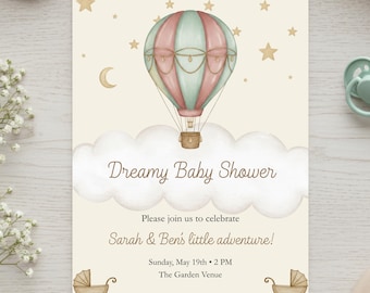 Hot Air Balloon Baby Shower Invitation, Pastel Clouds (Canva Template)
