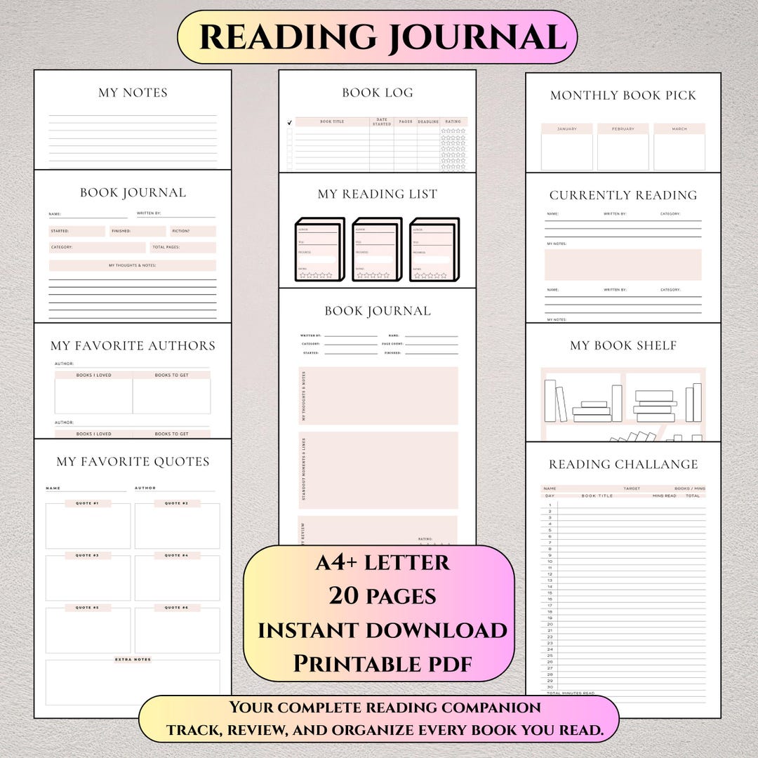 Printable Reading Journal, Book Tracker Planner, Log & Review Pages ...