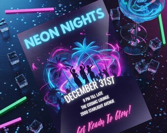 Neon Glow Party Invitation, Editable Canva Template (Digital Download)