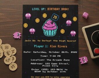 Gamer Birthday Invitation Template, Video Game Party Invite, Pixel Arcade Canva, Neon Level Up Editable Printable