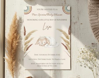 Modello di invito per baby shower con coniglietto boho, colori neutri (Canva modificabile, 5x7, A5, download digitale)