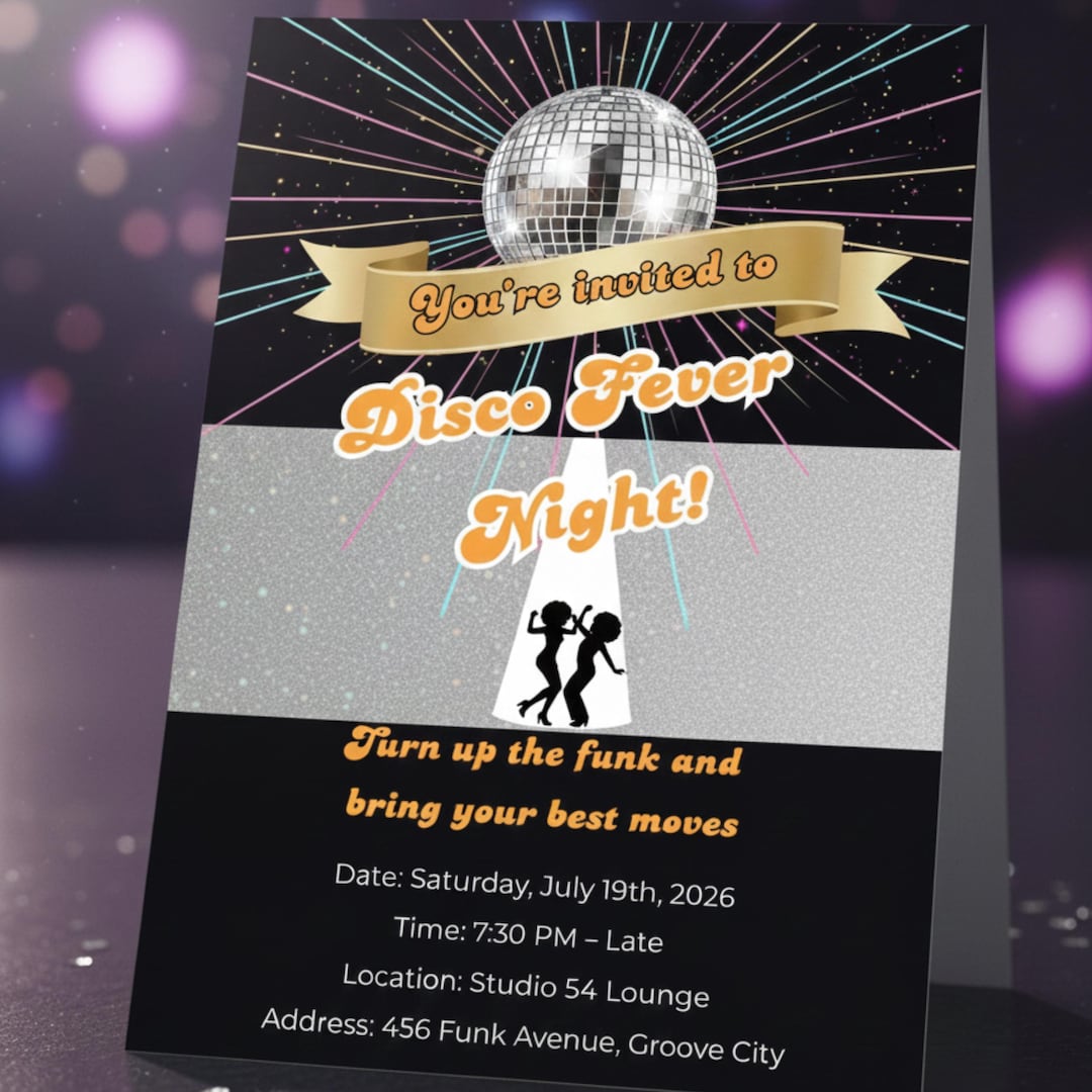 Disco Invitation, Disco Party Invite, Disco Fever Night, Retro Disco ...