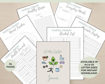 Op de afbeelding: Een gezondheids- en mindsetplanner met meerdere pagina's, waaronder een stemmingsmeter, receptengids en gezondheidsdagboek. De omslag toont een dagboek met kleurrijke iconen en de tekst "Healthy Lifestyle Journal". Beschikbaar in A4- en US letterformaten.
