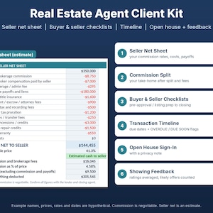 May include: A Real Estate Agent Client Kit document featuring a Seller Net Sheet estimate table on the left and a numbered list of six components on the right, including Seller Net Sheet, Commission Split, Buyer & Seller Checklists, Transaction Timeline, Open House Sign-In, and Showing Feedback.