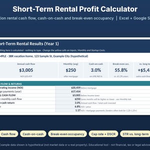 May include: A digital Short-Term Rental Profit Calculator spreadsheet interface for Excel and Google Sheets. The display shows financial metrics including annual cash flow, monthly averages, cash-on-cash returns, and break-even occupancy rates.