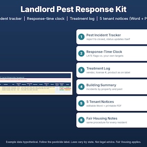 Puede incluir: Un kit digital de respuesta a plagas para propietarios que incluye un rastreador de incidentes, reloj de tiempo de respuesta, registro de tratamiento, resumen de edificios, cinco avisos para inquilinos y notas de vivienda justa.