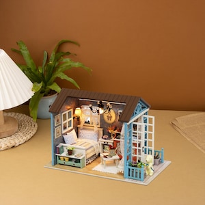 DIY Miniature Dollhouse Kit, Blue Bedroom, Wooden Model House with Detailed Furniture, Dreamy Handcraft Home Decoration, Gifts for Friend