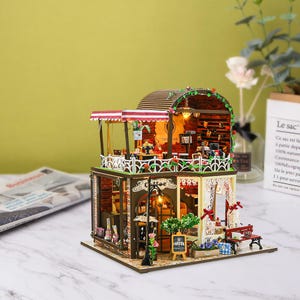 DIY Coffee House Wooden Miniature Dollhouse Kit, Wooden 3D Puzzle Home Decor with Detailed Furniture, Mini Book Nook, Model Building Kit