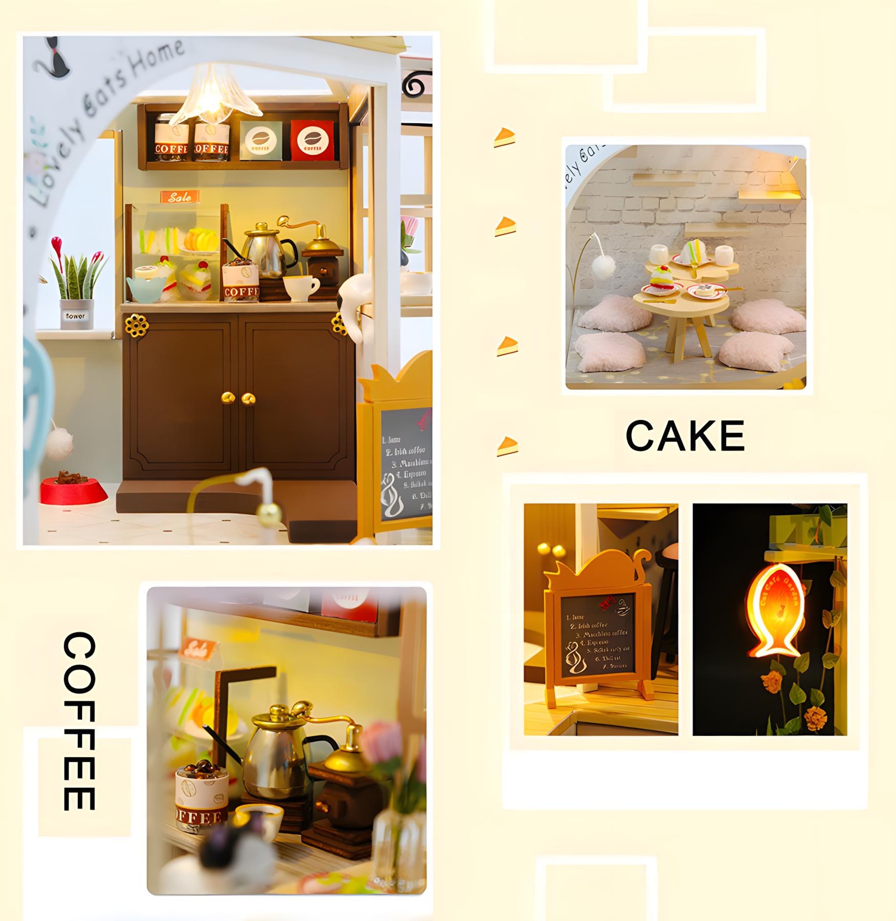 Kit fai da te Cat Cafe in miniatura casa delle bambole con luce a LED, scala 1:24, fatto a mano, gatto, caffè, giardino, casa delle bambole, regalo di compleanno creativo per adolescenti