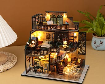 DIY Miniature Dollhouse Kit, Dreamy Loft, Handcraft Gift Home Decoration, Model Building Kit with Detailed Furniture, Miniature Book Nook
