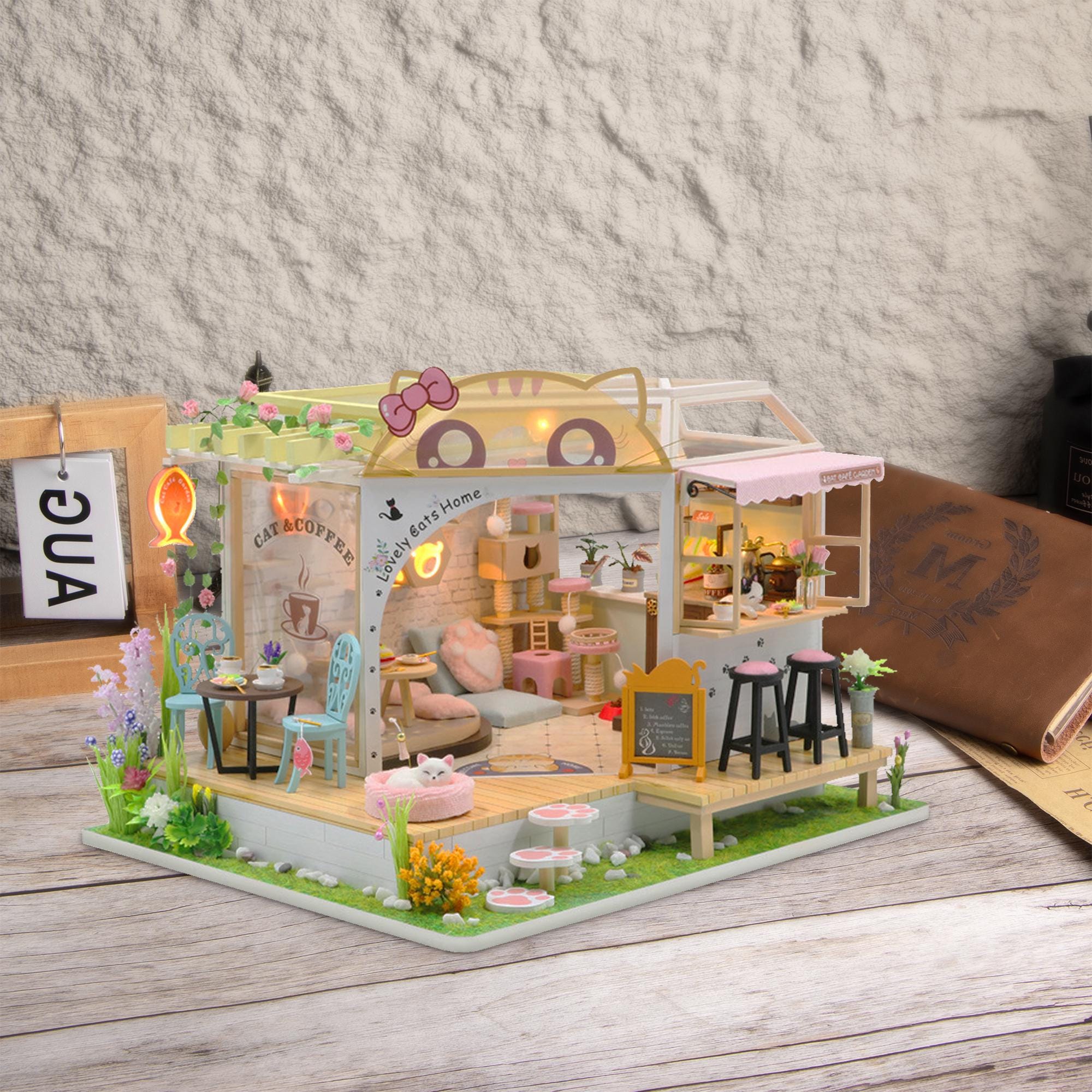 Kit fai da te per casa delle bambole in miniatura: modello di gatto e caffetteria - Italia
