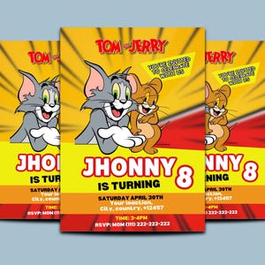 Invito di compleanno per bambini semplice con cartone animato Tom & Jerry modificabile / Modello Canva minimalista modificabile