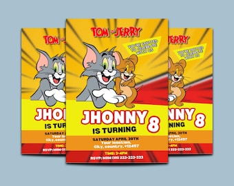 Editable Tom & Jerry cartoon Simple Kids’ Birthday Invitation | Minimalist Editable Canva Template