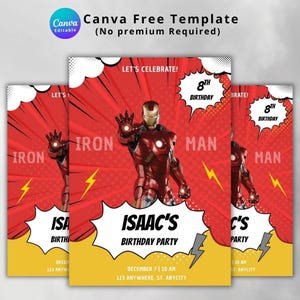 May include: Iron Man birthday party invitations. The design features a red background with a comic book style, the Iron Man character, and text that reads "ISAAC'S BIRTHDAY PARTY". The invitations are yellow and red.