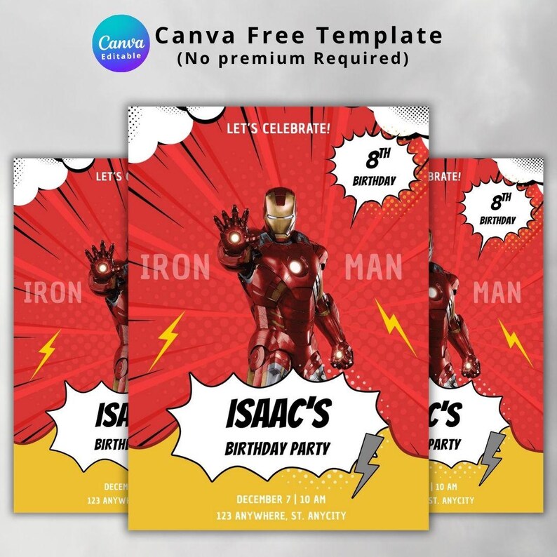 May include: Iron Man birthday party invitations. The design features a red background with a comic book style, the Iron Man character, and text that reads "ISAAC'S BIRTHDAY PARTY". The invitations are yellow and red.