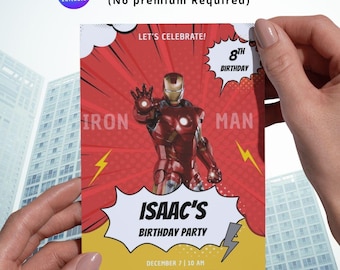 Zaproszenie urodzinowe Iron Mana – Edytowalne zaproszenie na imprezę superbohatera, Kartka do druku dla dzieci, Szablon Canva