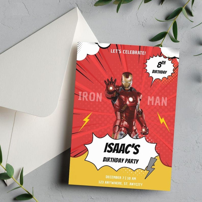 May include: An Iron Man-themed birthday party invitation. The red and yellow invitation features the Iron Man character, the text "Iron Man," and "Isaac's Birthday Party." The invitation is accompanied by a white envelope.