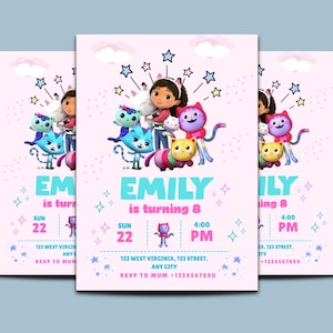 Convite editável para casa de bonecas da Gabby - aniversário infantil, aniversário de casa de bonecas, modelo editável, convite para festa de casa de bonecas, convite de casa de bonecas 5x7