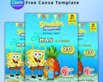 Underwater Birthday Invitation - Editable Square pants invite, Printable sponge card, Canva Template, PDF