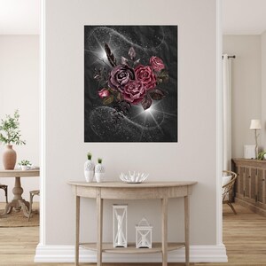Quadro con rose rosa, scintillante decorazione murale scura, elegante poster con rose, mistica decorazione murale, glamour arte murale con profondità, nobile rosa scura