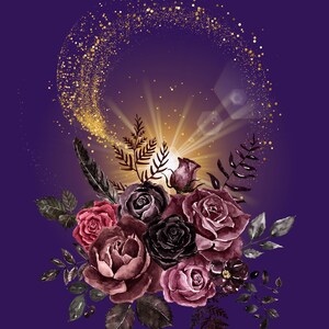 Imagen de rosas rosadas y moradas, arte mural oscuro y brillante, elegante póster de rosas, decoración de pared mística, arte mural brillante en profundidad, noble rosa oscura