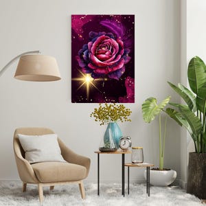 Quadro con rose rosa, scintillante decorazione murale scura, elegante poster con rose, magica decorazione murale, brillante decorazione murale con profondità, nobile rosa scura