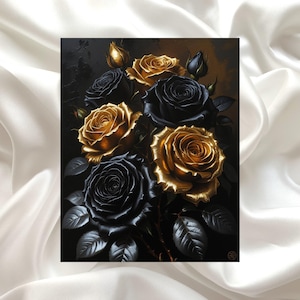 Black Gold Roses Picture – Elegant wall picture with golden roses, black background, modern art, decoration for living room bedroom