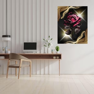 Quadro con rose rosse, scintillante decorazione murale scura, elegante poster con rose, mistica decorazione murale, glamour arte murale con profondità, nobile rosa scura