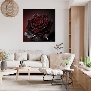 Quadro di rose rosse, arte di rose scintillanti, murale di rose lucide, elegante arte murale, design moderno per il soggiorno, decorazione murale mistica splendente