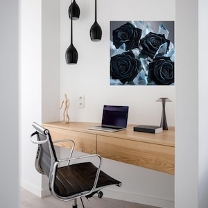 Cuadro de rosas negras, arte mural de flores oscuras, decoración de pared con flores azul intenso, cuadro elegante de rosas, cuadro de pared romántico oscuro, póster de rosas góticas