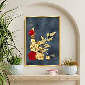 Cuadro de rosas rojas para pared: romántico cuadro floral con detalles dorados para sala de estar y dormitorio. Idea de regalo decorativa. Póster dorado.