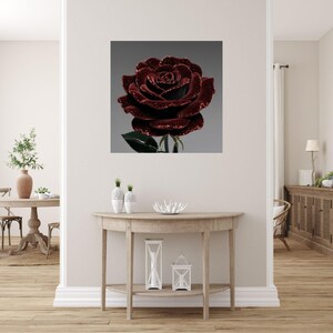 Quadro di rose rosse, arte di rose scintillanti, murale di rose lucide, elegante arte murale, design moderno per il soggiorno, decorazione murale mistica splendente