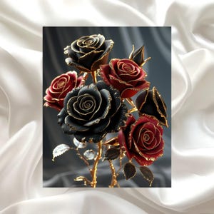 Digital Art Black Red Roses with Gold Picture – Elegant Wall Art, Gray Background, Modern Art, Decoration for Living Room Bedroom