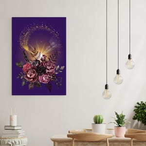 Quadro con rose rosa, scintillante decorazione murale scura, elegante poster con rose, mistica decorazione murale, glamour arte murale con profondità, nobile rosa scura