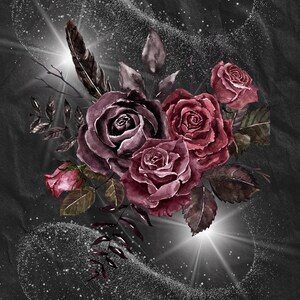 Imagen de rosa roja oscura, arte de pared brillante, elegante póster de rosa, decoración de pared mística, arte de pared glamoroso en profundidad, noble rosa oscura