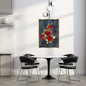 Cuadro de rosas rojas, arte de pared con detalles dorados, elegante decoración de pared mágica, elegante mural de rosas, glamorosa decoración de sala de estar, póster noble