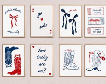 FAU | Florida Atlantic University Wall Decor | Set of 8 | Dorm | Apartment | Digital Download | Red | Blue | Trendy | Cute | Cowgirl | Bows