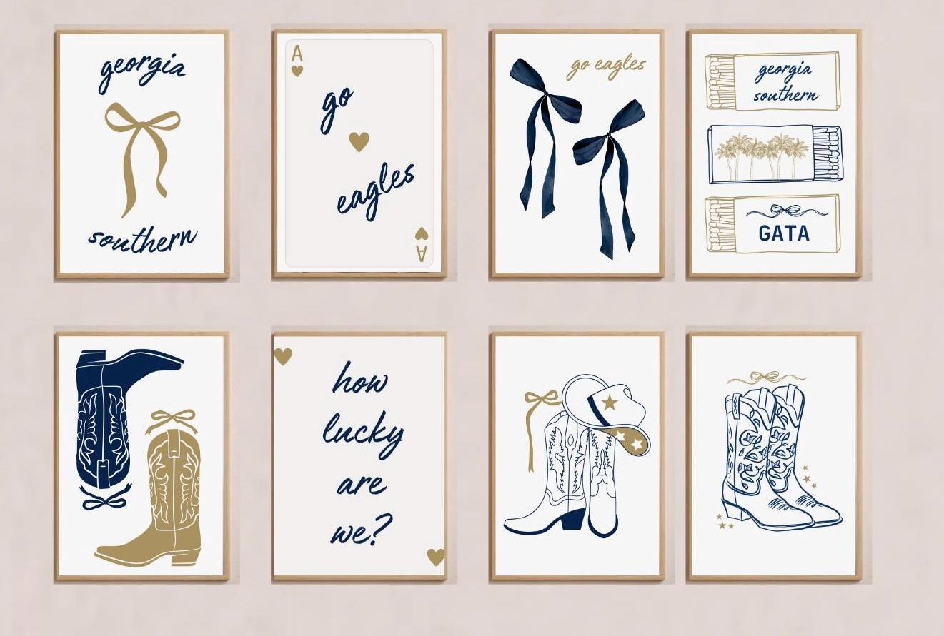 Georgia Southern University Wall Decor | Set of 8 | Dorm | Apartment | Digital Download | Gld | Navy | | Trendy | Cute | Cowgirl | Bows