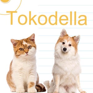 May include: A photograph shows a cat and a dog. The cat has ginger and white fur, and the dog has white and ginger fur. The word "Tokodella" is written in yellow at the top of the image.