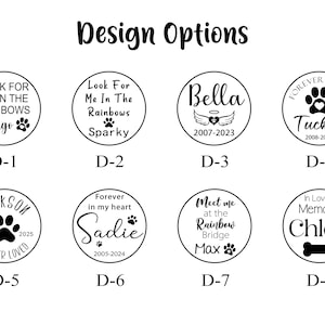 May include: A white graphic featuring eight circular designs with text and paw prints. The designs include names like "Bingo," "Sparky," "Bella," "Tucker," "Jackson," "Sadie," "Max," and "Chloe," with dates and phrases like "Forever Loved."