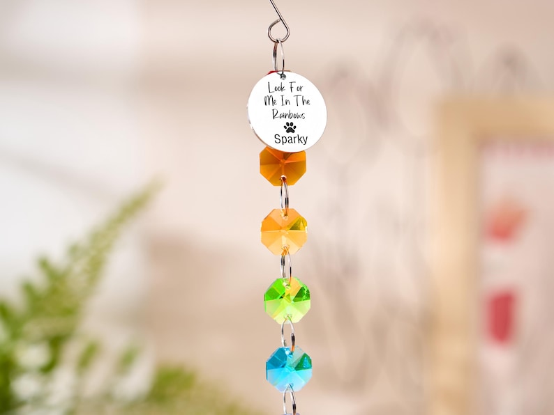 May include: A hanging rainbow crystal suncatcher with a silver charm that reads "Look For Me In The Rainbows" and "Sparky". The suncatcher has a series of colorful faceted crystals in orange, green, and blue.
