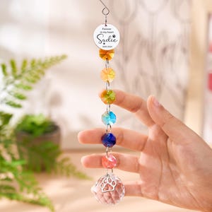 May include: A rainbow-colored crystal suncatcher with a paw print charm. The suncatcher has a series of colorful crystal beads and a round charm that reads "Forever in my heart Sadie 2020-2024". The suncatcher is held by a hand.