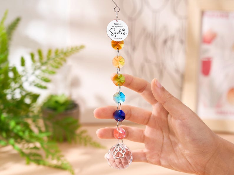 May include: A rainbow-colored crystal suncatcher with a paw print charm. The suncatcher has a series of colorful crystal beads and a round charm that reads "Forever in my heart Sadie 2020-2024". The suncatcher is held by a hand.
